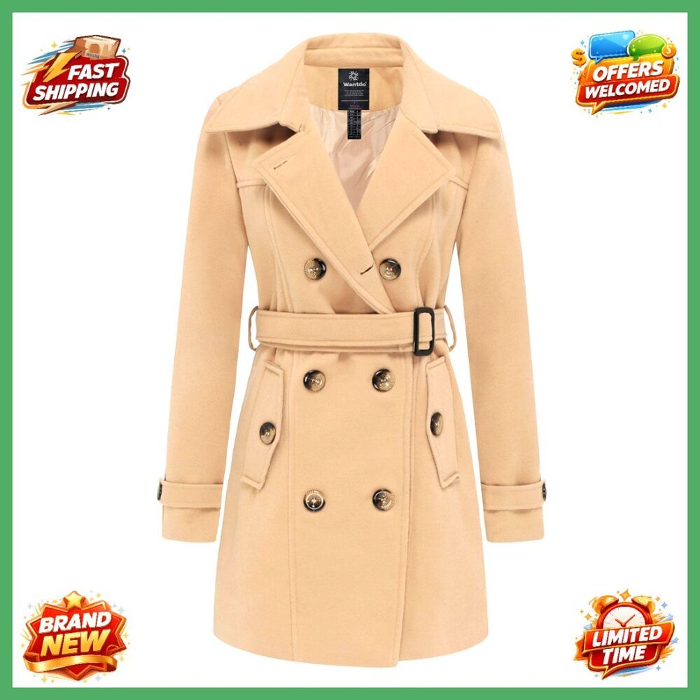 Women's Double Breasted Pea Coat Winter Trench with Belt, Wool Blend, Windproof